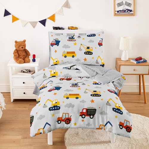 Image of Wake In Cloud - Toddler Bedding Set for Boys, Construction Car Excavator Truck, 4 Pieces Soft Crib Bed Set Including Comforter, Sheets and Pillowcase, Light Gray