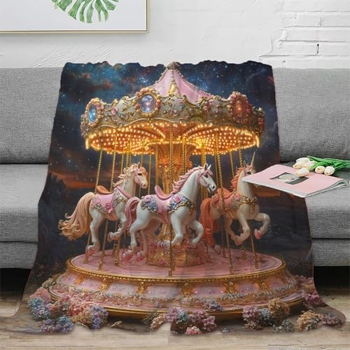 Couverture licorne carrousel 3D 150x200cm en microfibre douce