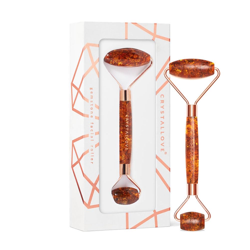 CRYSTALLOVE Gesichtsroller - Anti-Aging Massageroller - Gesichtsmassagegerät mit Cognac-Motiv, Bernsteinfarben - Massagegerät - Gesichtsmassage - Roller - Massagewerkzeug