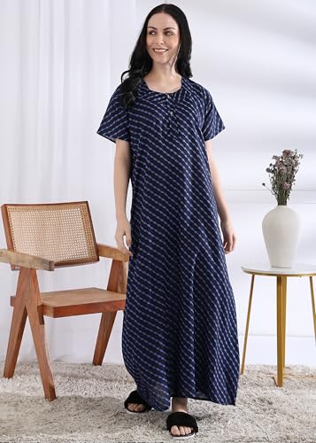 Image of Women Cotton Nighty Combo Pack of 2, Printed Maxi Nighty Gown, Short Sleeve Cotton Nightdress, Soft Breathable Ankle Length Sleepwear Nightwear for Ladies, Free Size