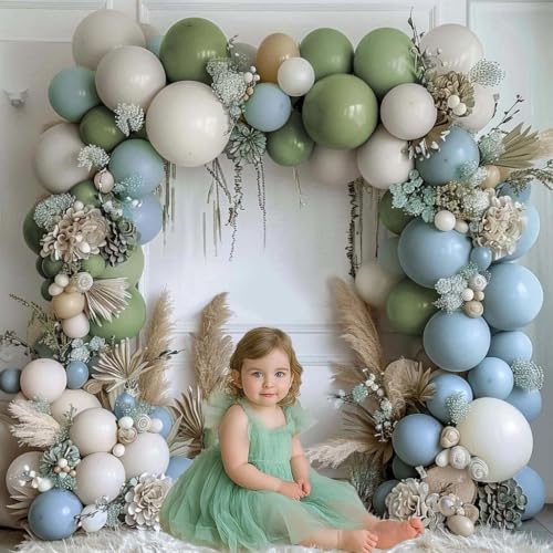 Image of Dusty Blue Green Balloon Garland Arch Kit Double Stuffed Avocado Green Balloons Thick Latex White Sand Pastel Blue Balloons Kit For Jungle Safari Neutral Birthday Baby Shower Party Deocrations