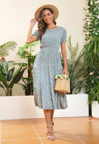 Image of NAVINS Womens Floral Print Modest Wedding Guest Midi Dress with Pockets | Puff sleeve tiered boho dress for summer, church, and vacations. Elastic waist, Below knee, hand or machine wash.
