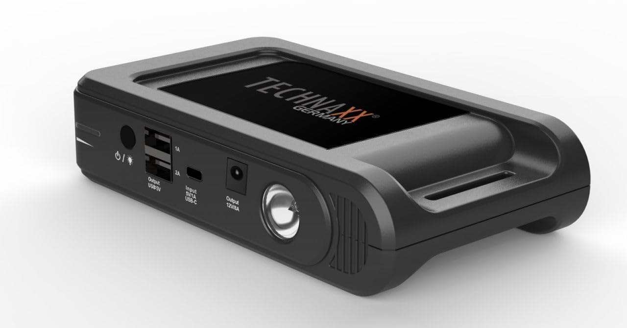 Set di avviamento della batteria auto da 12000 mAh Technaxx (benzina fino a 4,0L / diesel fino a 2,5L) con power bank TX-218 - Dispositivo di avviamento portatile con 2 porte di ricarica USB-A