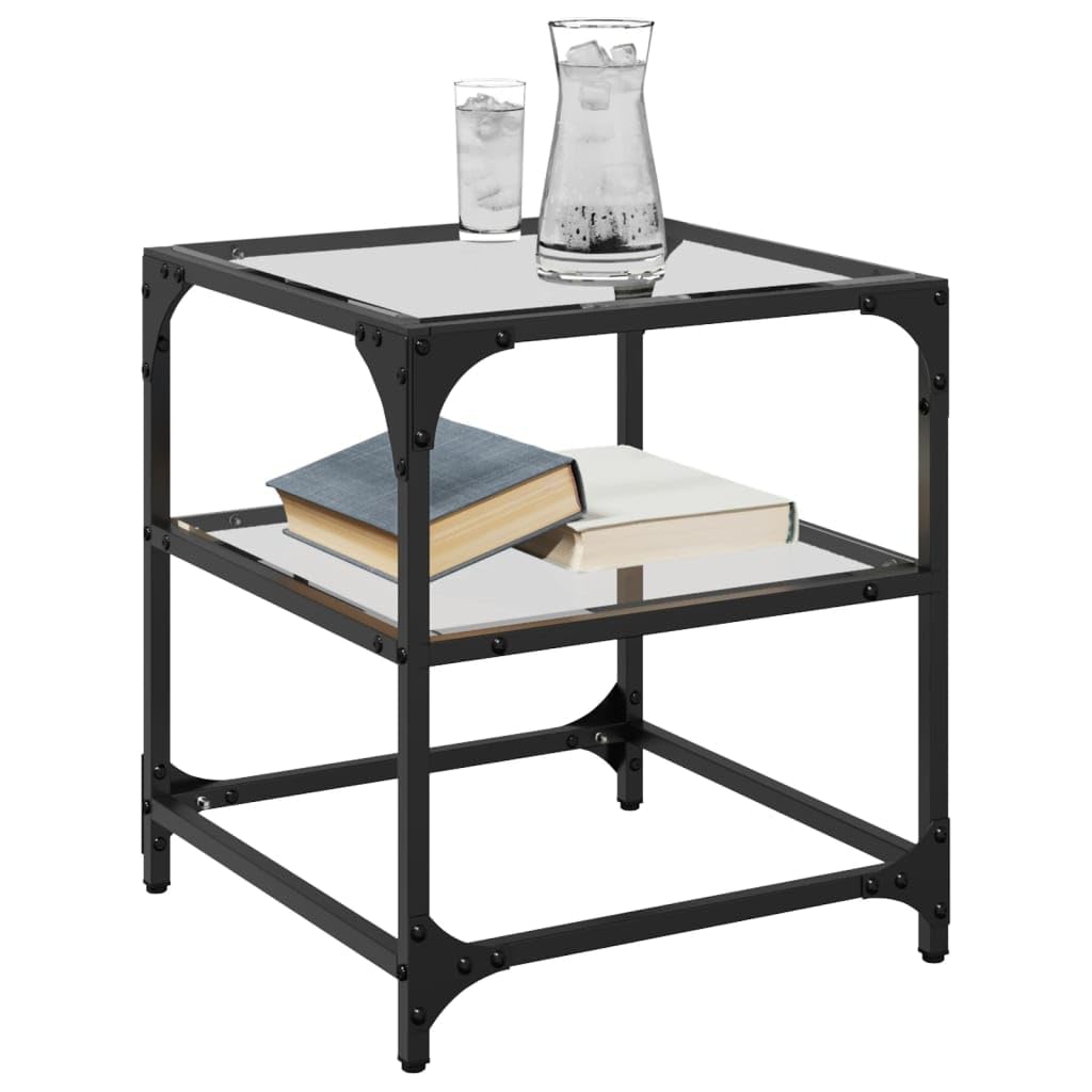 Mesa de centro con placas de cristal, transparente, 40 x 40 x 45 cm, marco de acero, mesa de salón para aperitivos y bebidas, artículos decorativos, diseño de fácil cuidado
