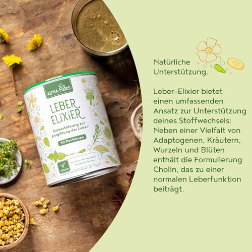 Leber Komplex Elixier 2.0 | 300g Vegan Pulver | Leberkur mit Weizengras, Spirulina, Cholin, Gerstengras, Brennnessel, Mariendistel, Löwenzahn, Chlorella | Alpha Foods