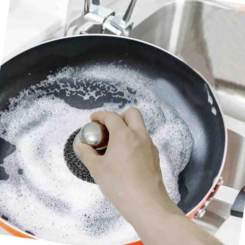 Image of Steel Wool Scrubber with Handle, Heavy Duty Dish Scrubber, Steel Brush for Cleaning Pots, Pans, Grills, Sink (4 Pack)
