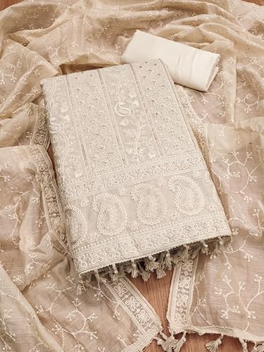 Image of Pandadi Saree Women's Elegant Lucknowi Work with Modal Cotton Chanderi and Embroidered Dupatta Unstitched Dress Material