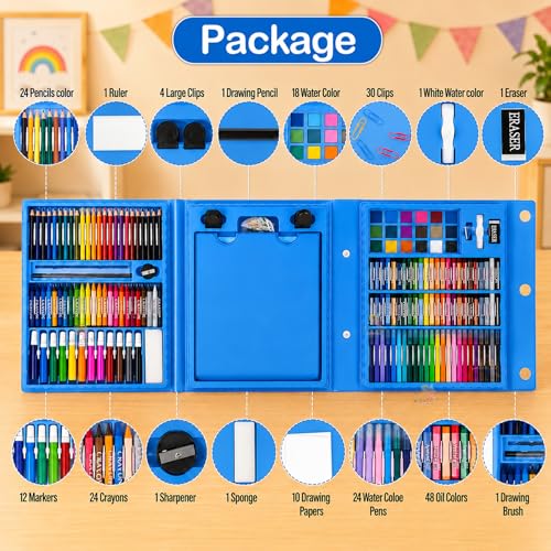 Image of WISHKEY 208 Pieces Art Set for Kids with Storage Case, All in One Art and Craft Supplies Kit for Drawing and Painting with Marker, Watercolor, Pens, Crayons, Color Pencils (Pack of 1, Blue)