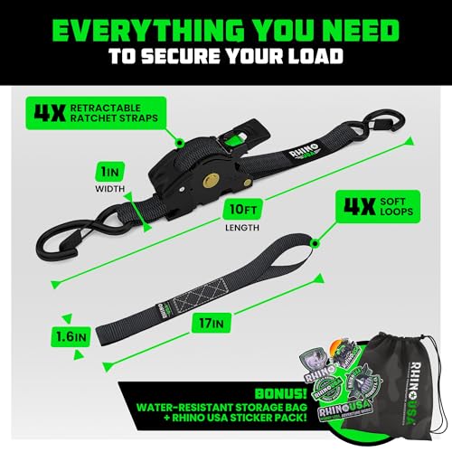 rhino usa retractable ratchet straps 4-pack - 1 inch x 10 feet 1209lb break strength - heavy duty auto self retracting tie down straps for truck cargo trailer motorcycle atv utv - black