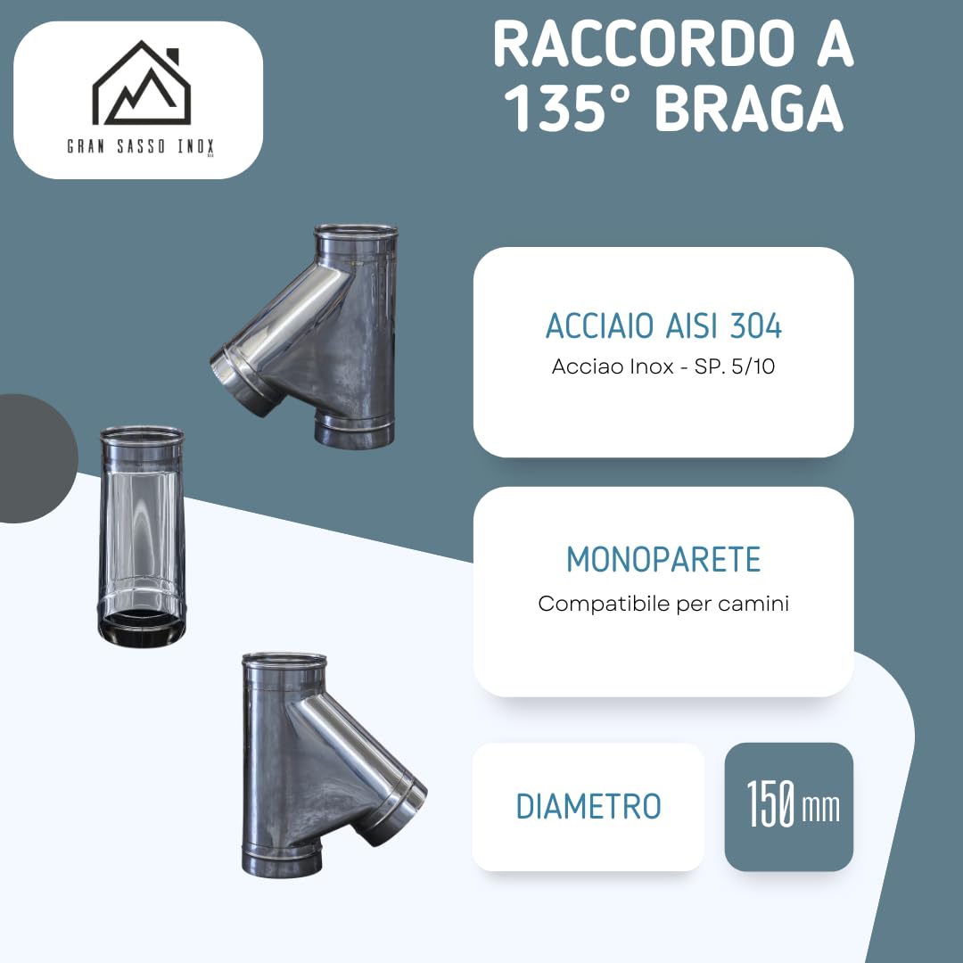 Raccordo Braga a 135° Monoparete in Acciaio Inox AISI 304 SP. 5/10 - per Camini (Ø150 mm)