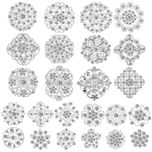 Hiceeden Lot 24 Pcs Crystal Brooches Pins, Silver Shining Clear Rhinestone Brooches Flower Jewelry Bridal Wedding Bouquet Kit Gift for Girls, Women, DIY Decoration