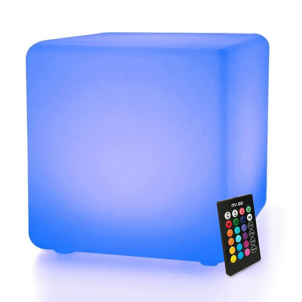 MR.GO 40,6 cm, impermeabile, a LED, a forma di cubo, con cambio di colore, lampada d'atmosfera, cubo di seduta con telecomando, 16 colori, dimmerabile, ricaricabile, RGB