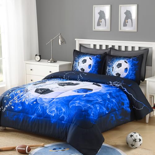 Image of Andency 3D Soccer Comforter Full(79x90 Inch), 3 Pieces(1 Soccer Comforter, 2 Pillowcases) Sport Polyester Bedding Set for Boys Kids Teens