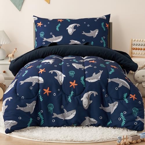 Image of PHF 4 Piece Toddler Bedding Set, Ultra Soft Toddler Comforter Sets Include Comforter, Fitted Sheet, Flat Top Sheet and Pillowcase for Boys Girls, Bed in A Bag for Toddler Bedroom, Shark