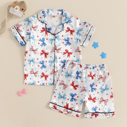 MAINESAKA Toddler Baby Girl Boy Satin Pajama Set Patriotic 4th Of July Pajamas Button Down Top + Shorts Pjs Summer Sleepwear4