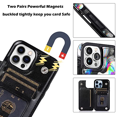 Image of uCOLOR Compatible with iPhone 13 Pro Wallet Case with Card Holder Slots Marble Flip Leather RFID Kickstand Phone Wallet Cover for Women and Girls 6.1 inch (Black Rainbow Marble, iPhone 13 Pro 6.1 inch)