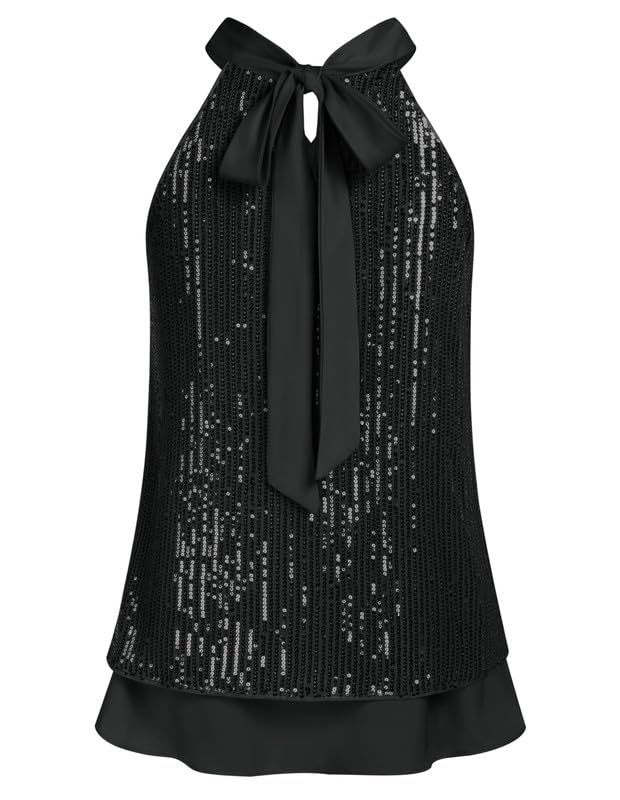 JASAMBAC Pailletten Glitzer Neckholder Tops für Damen, ärmelloses Schlüsselloch Knoten Weste Hemd, Cocktail Party, Club Tanktop