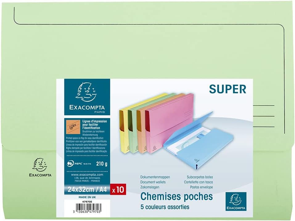 Exacompta - Ref 47973E - Super Pocket Wallets - 245 x 325mm in Size, Suitable for A4 Documents, 30mm Expanding Gusset, 210gsm Midweight Manilla - Light Green (Pack of 10)