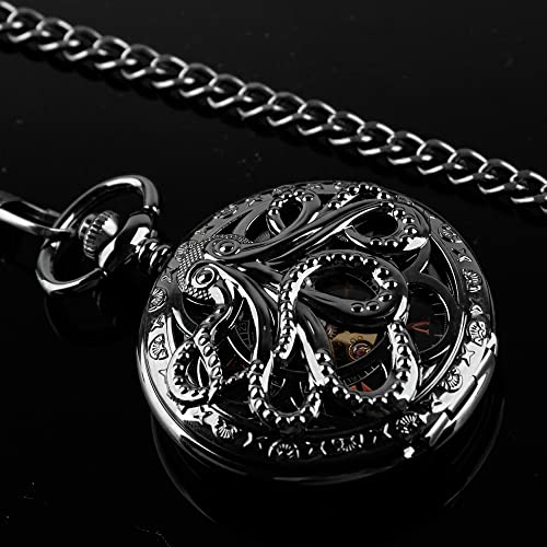 Image of Hand Winding Hollow Roman Numerals Mechanical Pocket Watch Steampunk Mens Watches