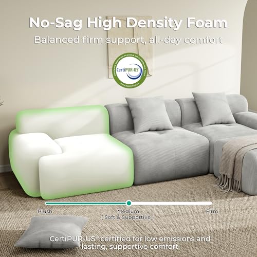 Image of LIKIMIO LumiCord 118 inch Tufted Modular Sectional Sofa with Ottoman, Modern L-Shaped Boneless Couch for Living Room, 26.8 inch Deep Seat, 18.1 inch High Seating, 15 inch Wide Armrest, Corduroy, Pebble Grey
