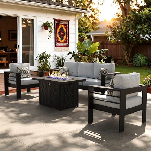 LayinSun Aluminum Furniture Set with Fire Pit Table, 4 Pieces