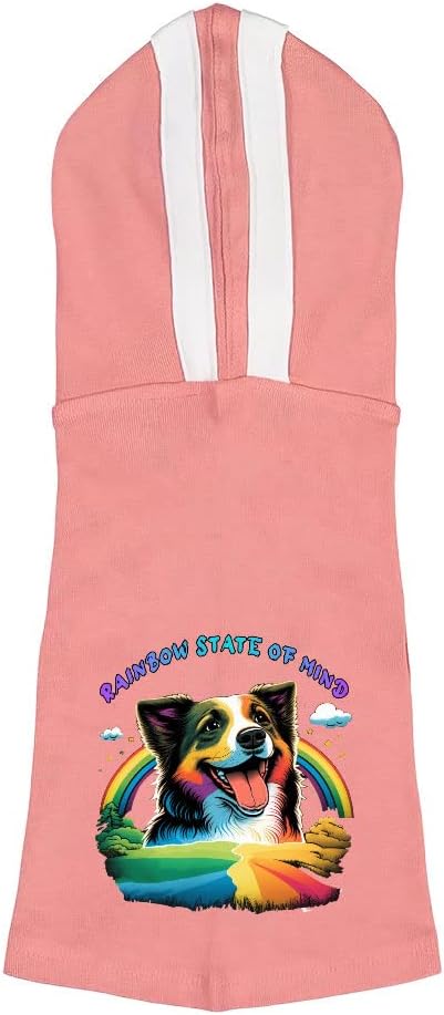 Cute Cartoon Dog Shirt with Hoodie - Funny Dog Hoodie - Rainbow Print Dog Clothing - Pink White, M