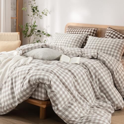 Image of BESTOUCH Gingham Cotton Duvet Cover Set Linen Grey Queen | Washed Cotton, Linen Feel, Soft Wrinkle Texture, Hidden Zipper, 8 Ties, Breathable Lightweight Durable Comfy, 3 Pcs No Insert