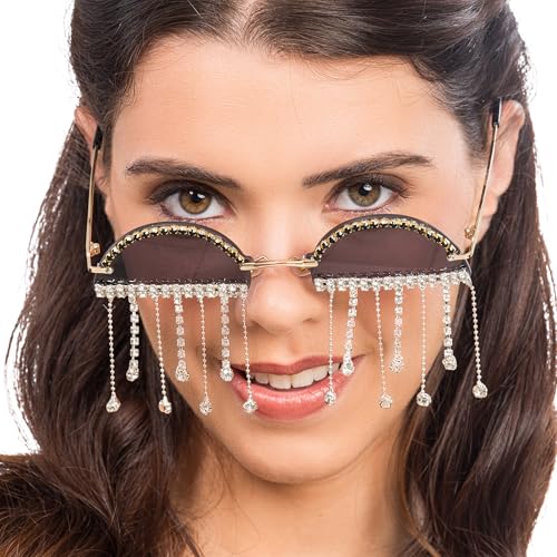 Chaks - Sonnenbrille Damen mit Strass und Anhängern - Schmale Brille für Festival, Karneval & Party, Vintage Retro