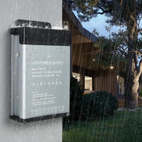 Image of 12V 300W LED Power Supply Rainproof IP44, Ultra Slim LED Transformer 100-240V AC to 12V DC 25A Converter Quiet Low Volt LED Driver Constant Voltage Driver Adapter for Indoor and Outdoor