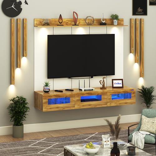 Image of Anikaa RayzaPro Engineered Wood Wall Mount TV Unit with PVC Back Panel, Acrylic Blue LED Storage Box, Side Wooden Accent Spot Light Panels I Deal for Up to 50 Inch TV (Giantwood - DIY Installation)