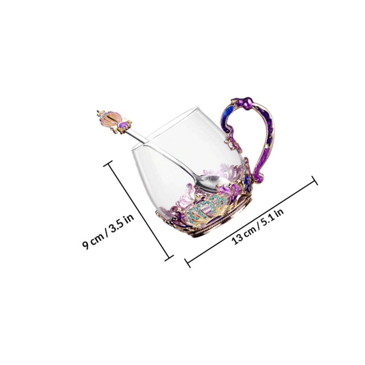 HOMSFOU Taza de Té de Cristal con Esmalte Colorido, Taza Pequeña con Diseño de Tiara y Cuchara Incluida, Vaso para Beber Infusiones y Bebidas Calientes en Hogar y Color Aleatorio