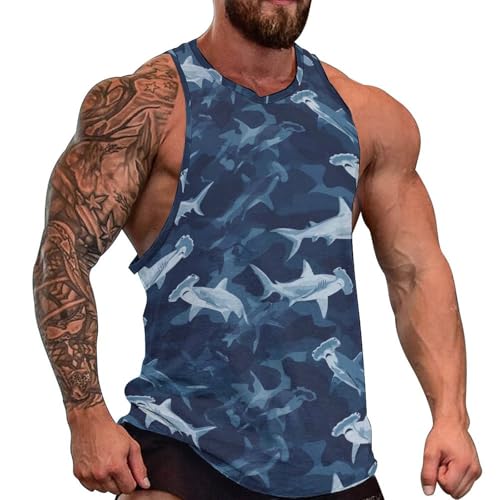 Tank Tops Men, Blue Camo Hammerhead Shark Print Workout Running Gym Muscle Sleeveless Shirts for Men