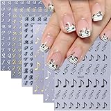 6Pcs Music Note Nail Art Stickers 3D Retro English Letters Nail Stickers Self Adhesive Gold Silver Black Old Alphabet Music Note Pattern Design Nails Decals English Manicure Decoration for Women Girls