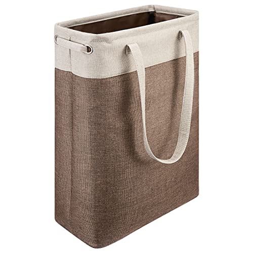 Image of i BKGOO Laundry Basket with Handles Beige&Brown Slim Laundry Bin Collapsible Dirty Clothes Basket Narrow Laundry Bag Foldable Dirty Hamper for Camping, Dorms, Apartments