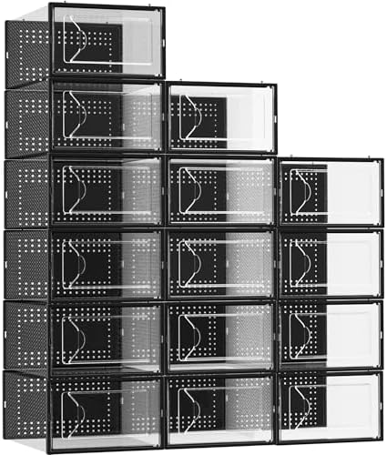 Foluck Shoe Storage Box, 15 Pack Clear Plastic Stackable Shoe Organizer for Closet, Interlocking Design for Sneakers, Foldable Shoes Container Rack with Lids, Black Foluck Shoe Storage Box, 15 Pack Clear Plastic Stackable Shoe Organizer for Closet, Interlocking Design for Sneakers, Foldable Shoes Container Rack with Lids, Black
