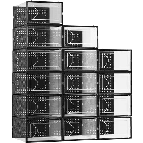 Foldable Shoe Storage Box Container Bins with Lids, Clear Plastic Stackable Shoe Organizer Rack for Closet, Interlocking Design, for Sneakers, Black, 15 Pack 。