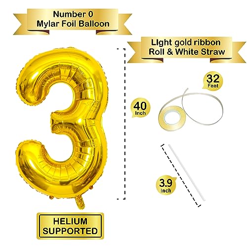 Image of 40 Inch Gold Number Balloons, Helium Mylar Foil Number Balloons for Birthday, Number 3 Balloon for 3st Birthday Decorations for Kids, Anniversary Party Decorations Supplies
