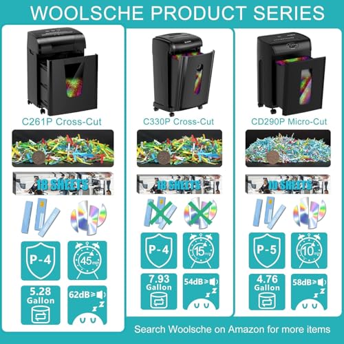 Image of Woolsche Paper Shredder, 18-Sheet Cross Cut with 5.28-Gallon Pull Out Bin, P-4 Security Level, Shred Paper and Credit Card and CD, Durable&Fast with Auto Jam Proof System Shredder for Office