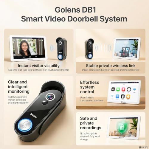 Image of Golens Premium Video Doorbell Camera for Homes & Villas, 8 inch Touchscreen Monitor, 1080P HD Smart Video Doorbell, 300m Wireless Range, Works Without Internet, 5000mAh Battery, WiFi App Control DB01