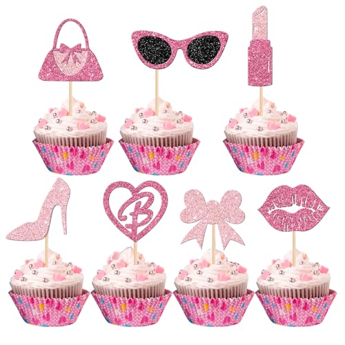 Glitter Pink Princess Cupcake Toppers Girl Cupcake Picks Handbag Glasses Bow Tie Lipstick High Heel Cake Decorations for Girl Princess Theme Bridal Shower Wedding Birthday Party Supplies?32 PCS Pink?