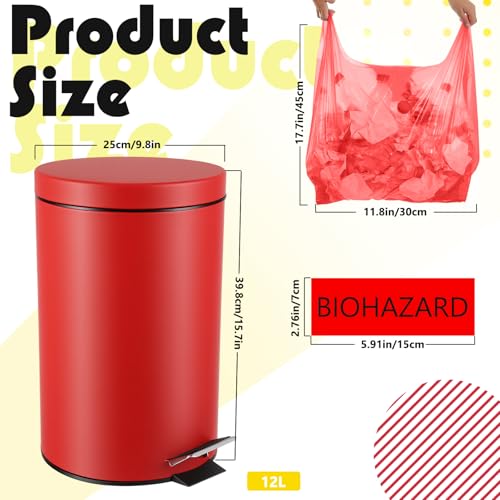 Image of Geiserailie 1 Set 3.17 Gallon Stainless Steel Biohazard Trash Can with 50 Hazardous Bag, Foot-operated Self-closing Lid & Biohazard Label for Lab Medical Hospitals Industrial Infectious Waste Disposal