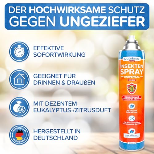 Patronus Insektenspray Universal für Wohnung mit Sofortschutz 2x 750 ml zur Abwehr von zahlreichen Insekten - Hochwirksames Ungeziefer-Spray mit dezentem Zitrusduft, Aus deutscher Produktion