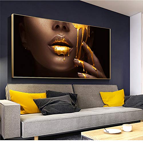 Schwarzes Frauengesicht mit goldener flüssiger Leinwand, Gemälde Poster und Drucke, Wandkunst für Wohnzimmer, Schlafzimmer, Dekoration, 80 x 160 cm, rahmenlos Cover
