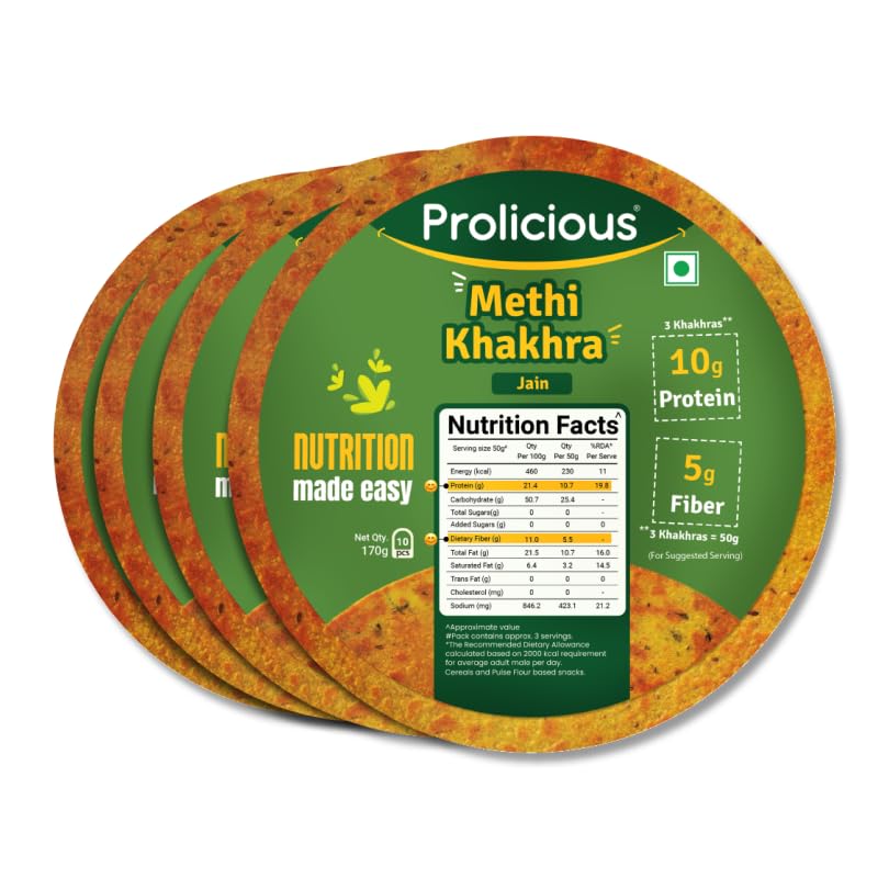 Prolicious 2X Protein Methi Khakra | NO Palm Oil | Crispy | Ready to Eat | Flavourful | High Protein Healthy Anytime Snack (Pack of 4, 170 Grams each) (Methi)