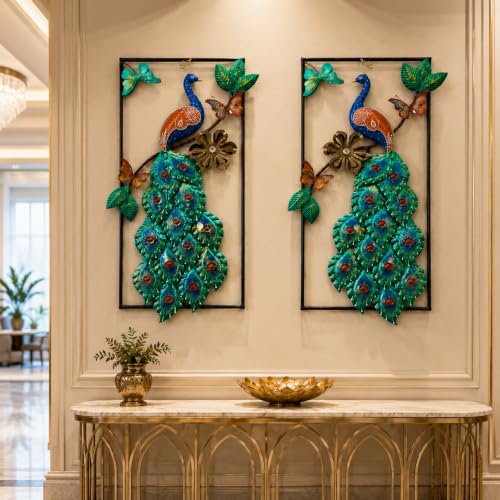 Image of SHREE 'O' GREEN TECH - Modern Multicolor Peacock Wall Decor with Vibrant Feather Artwork Floral Accents and Decorative Leaves for Living Room Bedroom Hallway Home Interior (Set of 2)