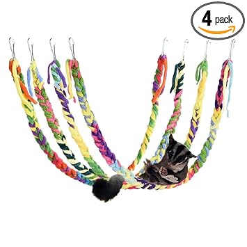 RIOUSSI Handmade Sugar Glider Toys for Climbing/Exercising/Jungle Exploration, Hanging Toy Cage Accessories, Rat Toys, Bird Rope Perch Swing Toy, Random Color, 4 Pack