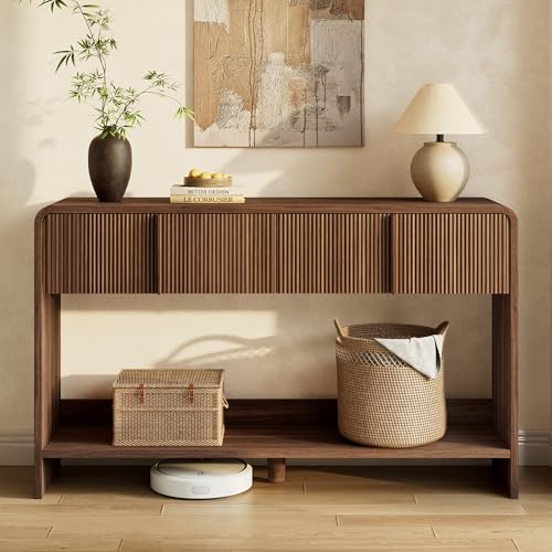 Image of AMERLIFE 55 inch Fluted Console Table with 2 Drawers and Open Shelf, Modern Entryway Table with Rounded Edges, Wood Sofa Table for Hallway, Foyer, Behind Couch, Living Room, Brown