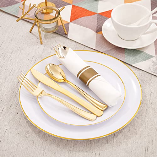 Supernal 50Guests Gold Plastic Plates,Gold Plastic Dinnerware Set,Pre Rolled Gold Plastic Silverware,Include 50Dinner And 50Dessert Plates, 50Cutlery Set,50Gold Cups,Suit For Wedding,Party,Birthday #TOP4