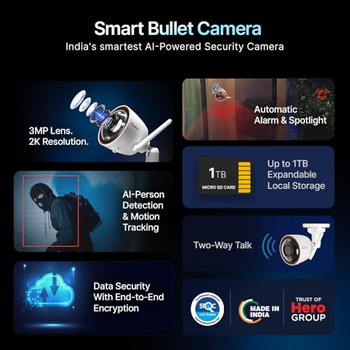 Image of Qubo Smart Bullet Cam Pro 3MP by Hero Group | STQC Certified | AI Person Detection | Automatic Alarm & Spotlight | Night Vision | IP66 Rating