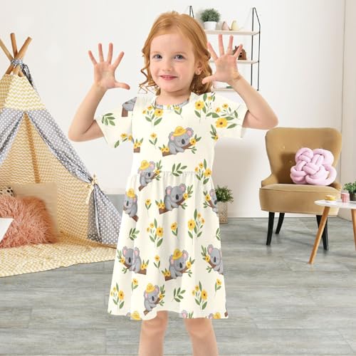 Koala Yellow Flowers Girls Summer Dress Toddler Casual Dresses Girl Short Sleeve Dress for Girls,2T4